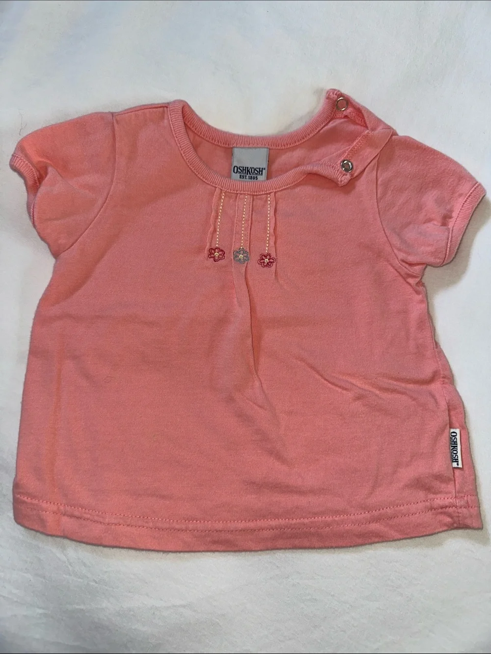 OshKosh B'gosh Coral Pink Short Sleeve Baby Top with Flower Embroidery